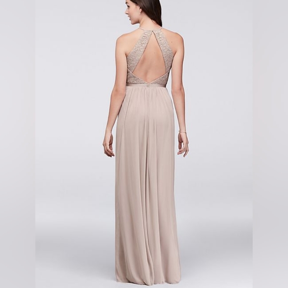 DAVID'S BRIDALopen-back lace and mesh bridesmaid dress STYLE# F19608Biscotti - Picture 2 of 2